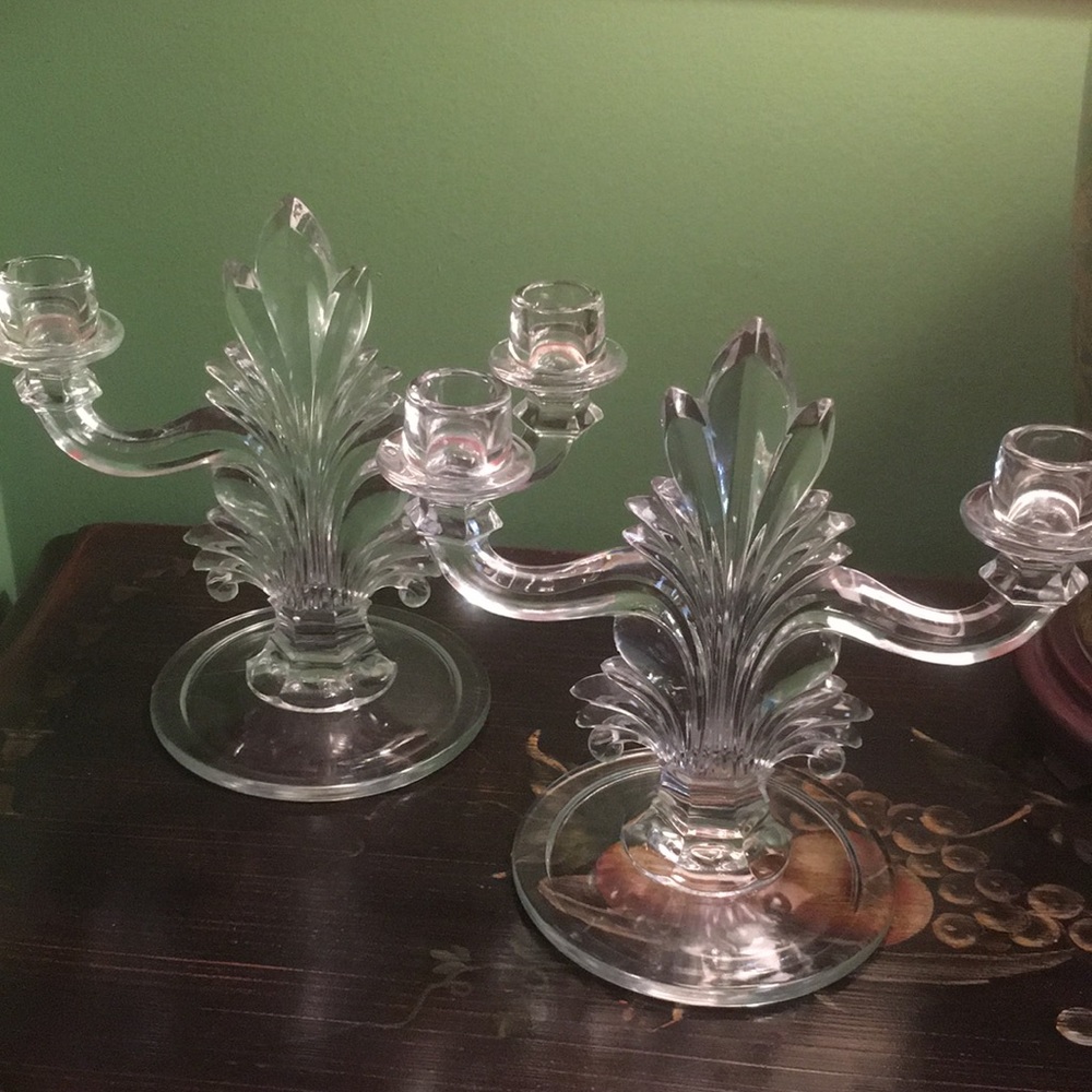 Vintage Fostoria Flame Clear Glass Double Arm Large Candle Holders Set Art Deco
